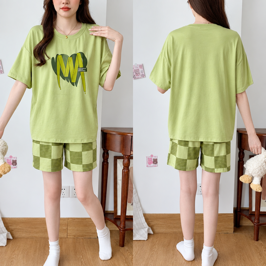 Matcha Check Lounge Set in soft green checkered pattern, comfortable padded bra top and matching pajama bottoms by ZeroBra