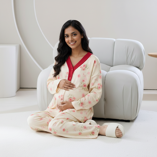 Maternity Rosé Bloom PJ Set in soft pink with padded comfort, showcasing elegant Indian design by ZeroBra