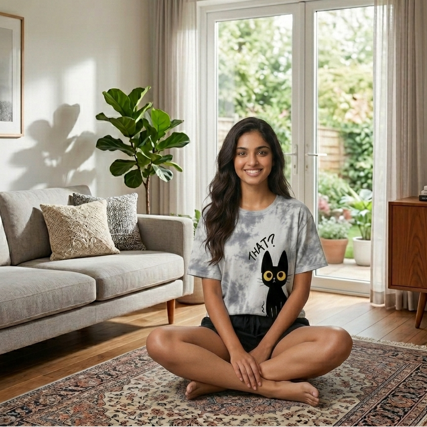 Midnight Kitty Lounge Set in dark blue with built-in padded bra, comfortable Indian sleepwear by ZeroBra