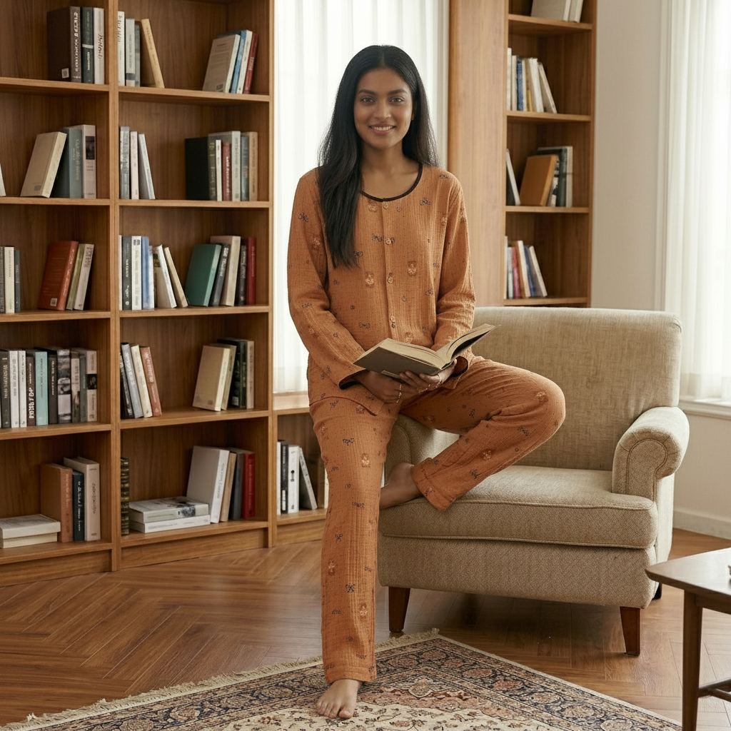 Cocoa brown Teddy Comfort Set with built-in padded bra, comfortable Indian nightwear by ZeroBra