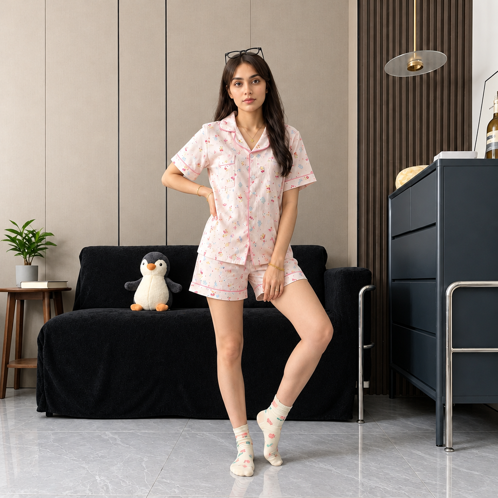 Blush pink Kitty pajama set with built-in padded bra, comfortable 3-piece Indian loungewear from ZeroBra