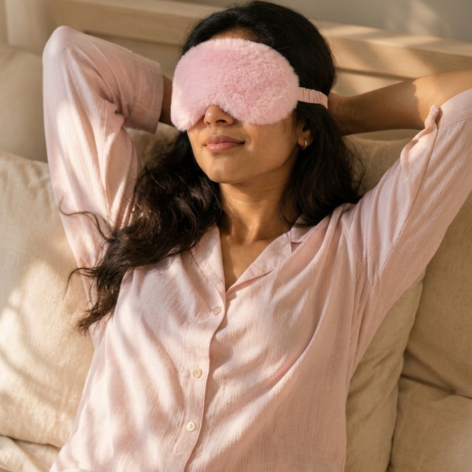 ZeroBra DreamCloud Plush Sleep Eye Mask in soft neutral tones, comfortable padded design for restful sleep