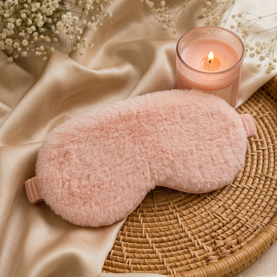 ZeroBra Peach Bliss Plush Sleep Eye Mask in soft peach, cozy and comfortable for restful sleep