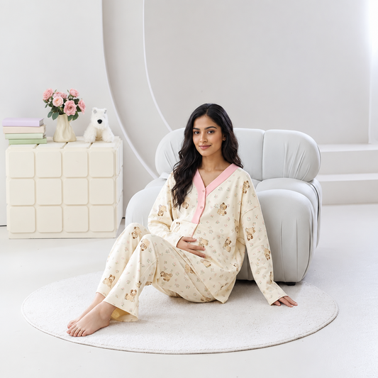 ZeroBra Maternity Teddy Bloom PJ Set in soft floral print with padded comfortable bra top for Indian mothers