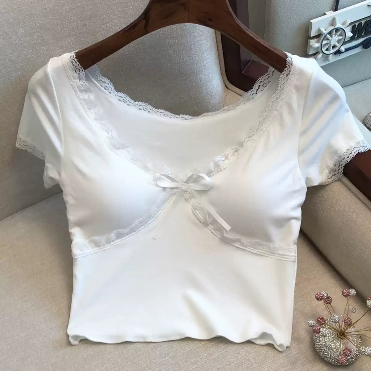 Romantic Lace - Trim Built - In Bra Top – Soft & Feminine - Zero Bra