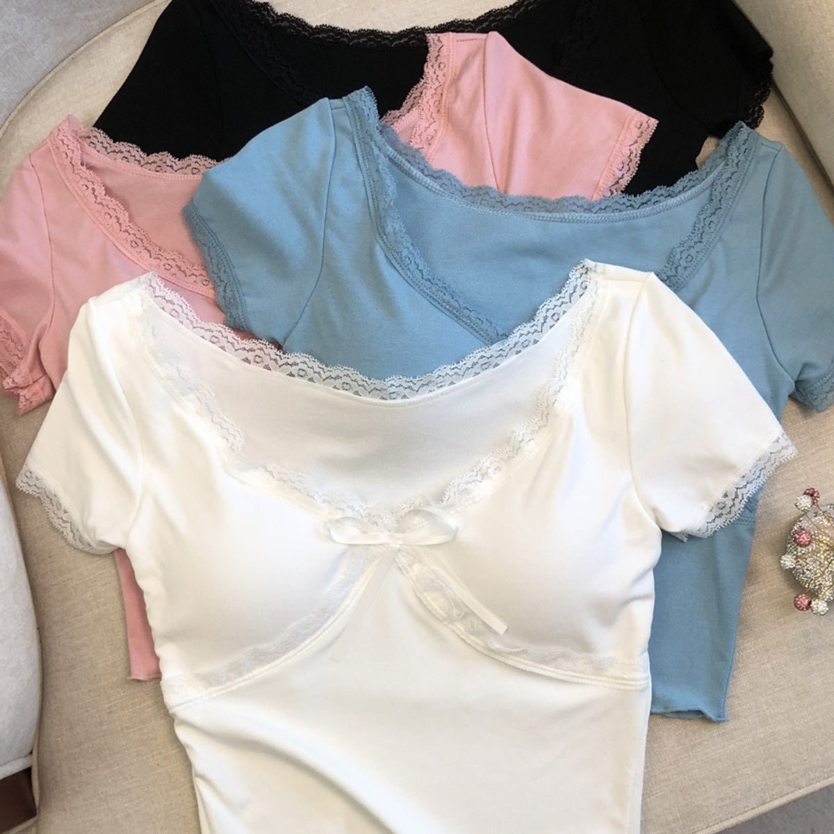 Romantic Lace - Trim Built - In Bra Top – Soft & Feminine - Zero Bra