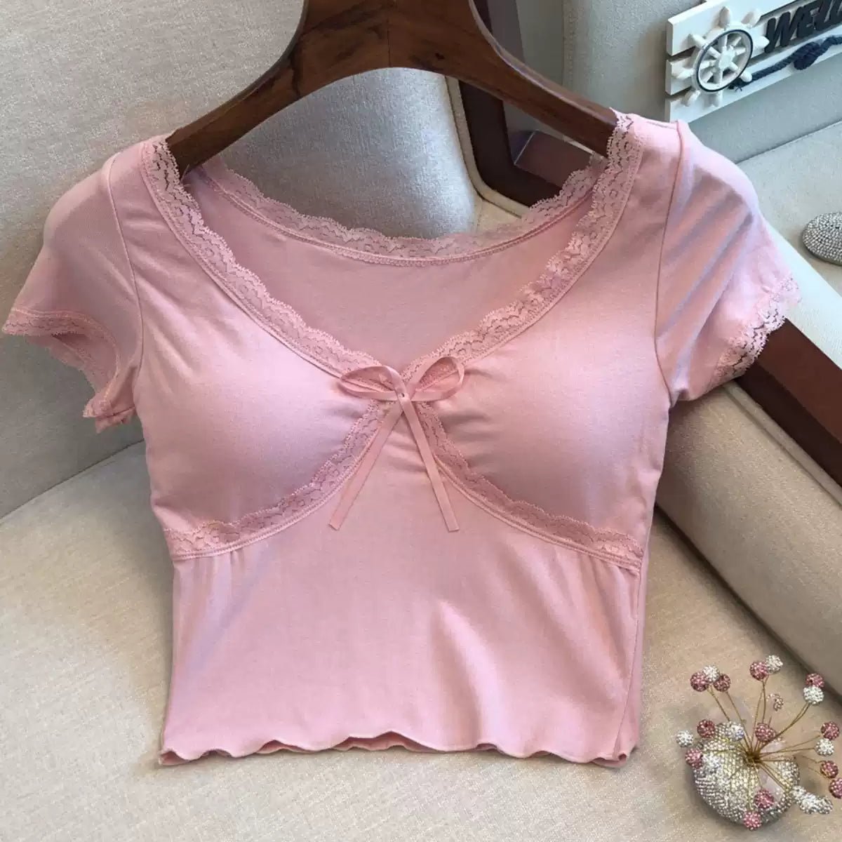 Romantic Lace - Trim Built - In Bra Top – Soft & Feminine - Zero Bra