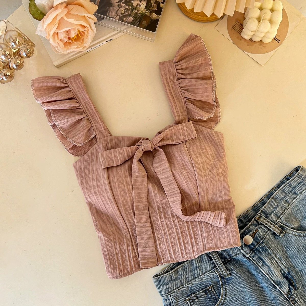 Ruffle Strap Built - in Bra Crop Top – Feminine & Flirty - Zero Bra