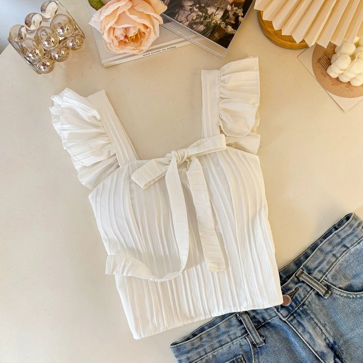 Ruffle Strap Built - in Bra Crop Top – Feminine & Flirty - Zero Bra