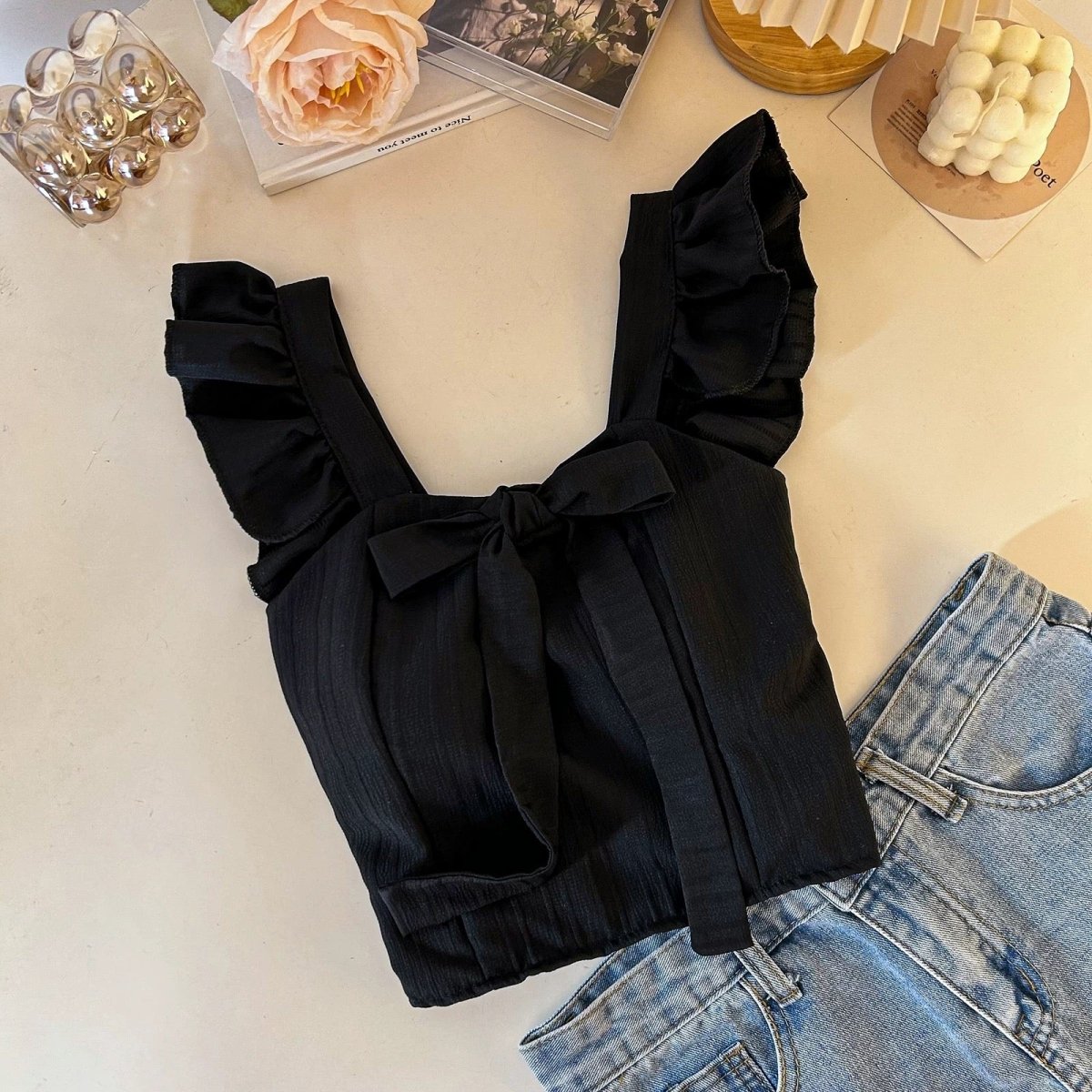 Ruffle Strap Built - in Bra Crop Top – Feminine & Flirty - Zero Bra