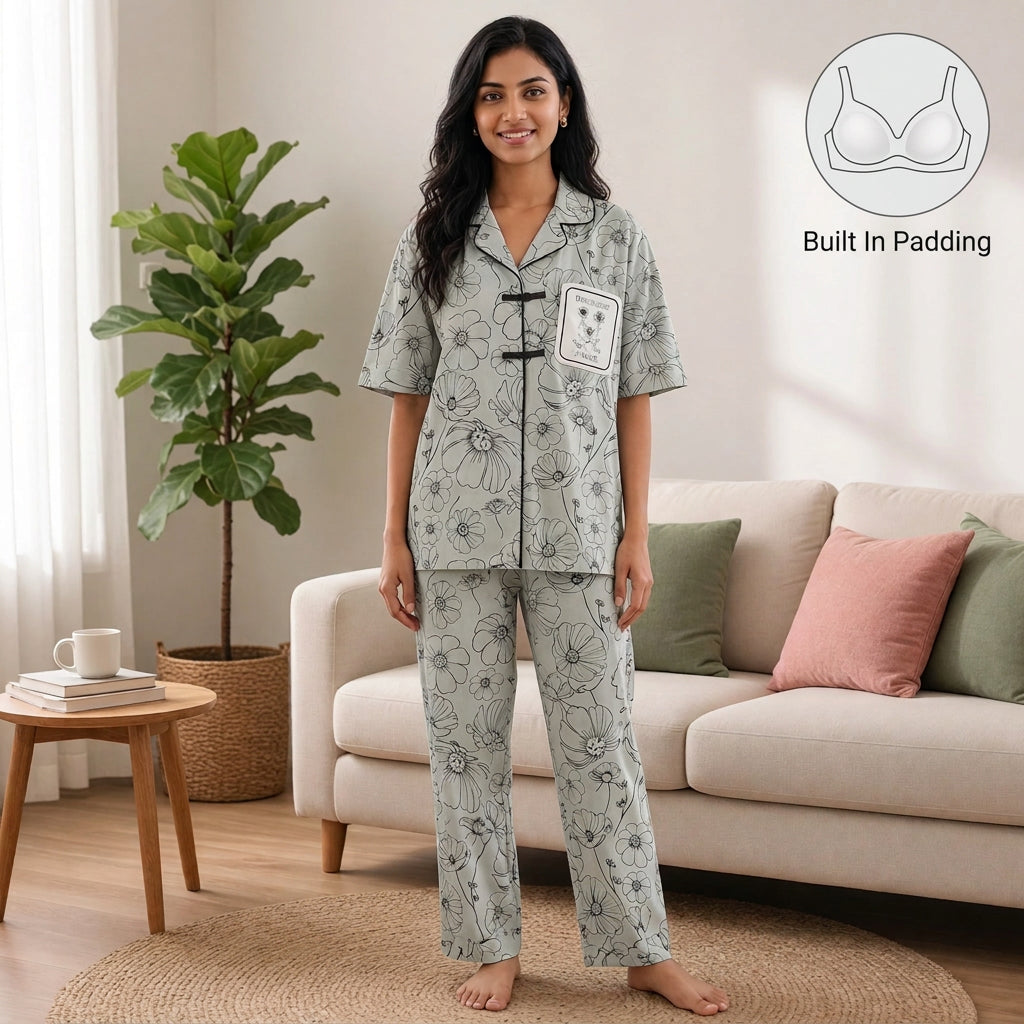 Sage Bloom Padded Frog-Button PJ Set
