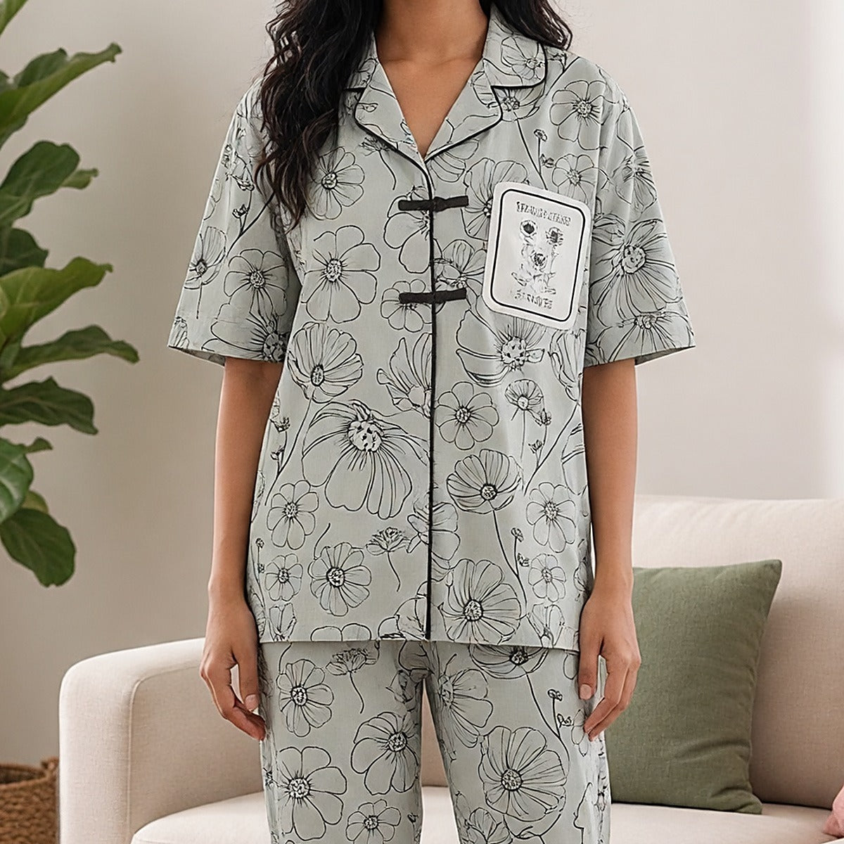Sage Bloom Padded Frog-Button PJ Set