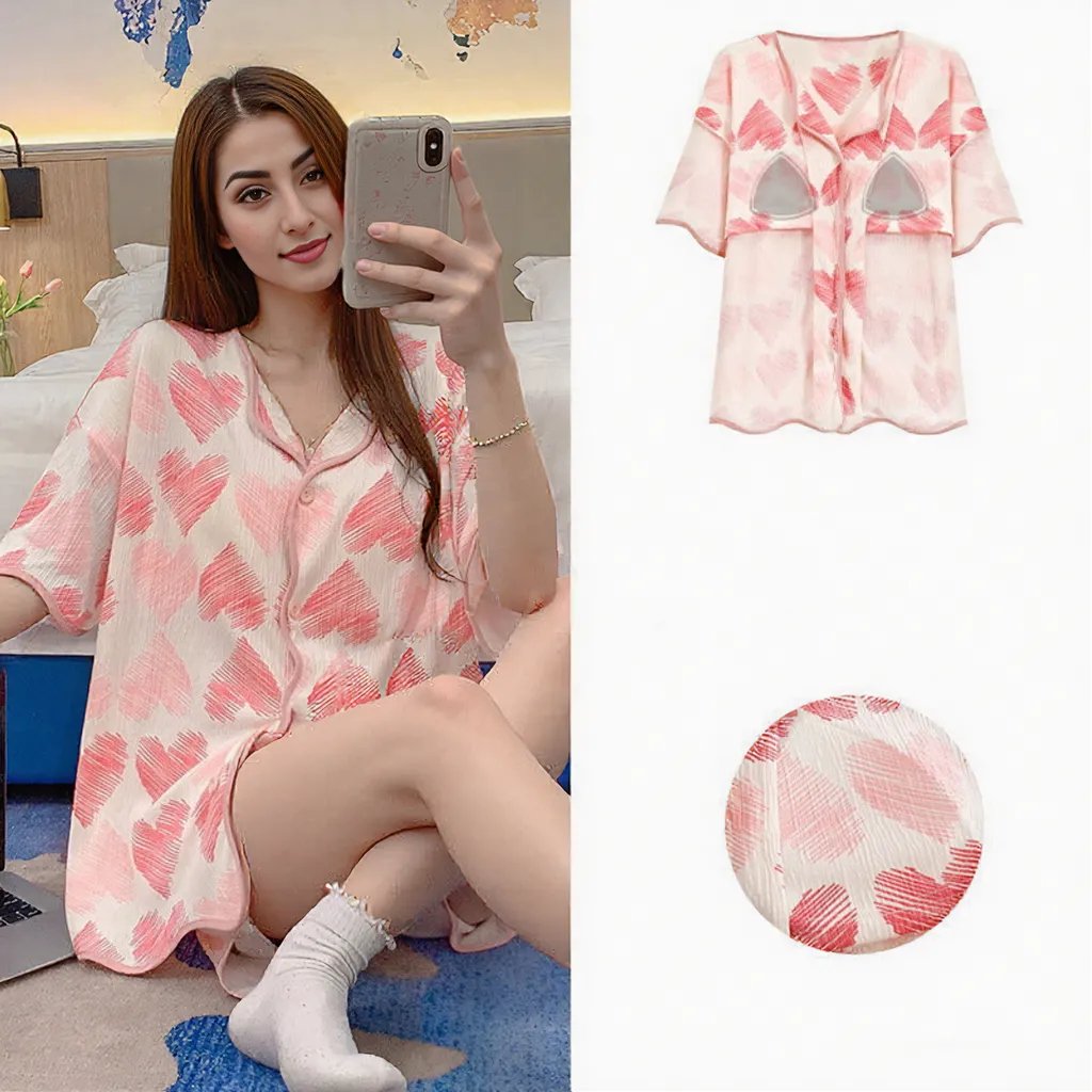 Scribble Hearts Button - Down Set – With Padded Soft Love - Zero Bra