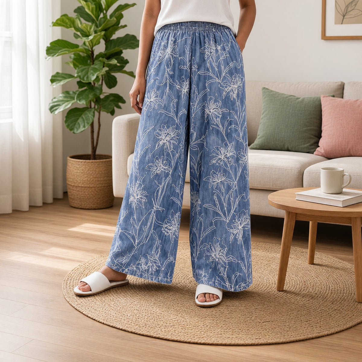 Slate Blue Botanical Wide-Leg Lounge Pants