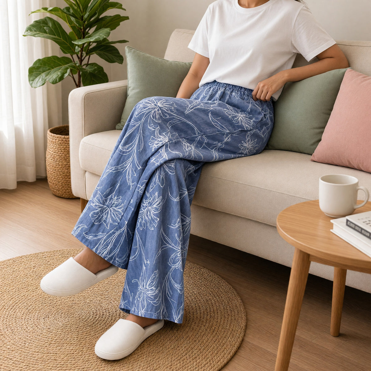 Slate Blue Botanical Wide-Leg Lounge Pants