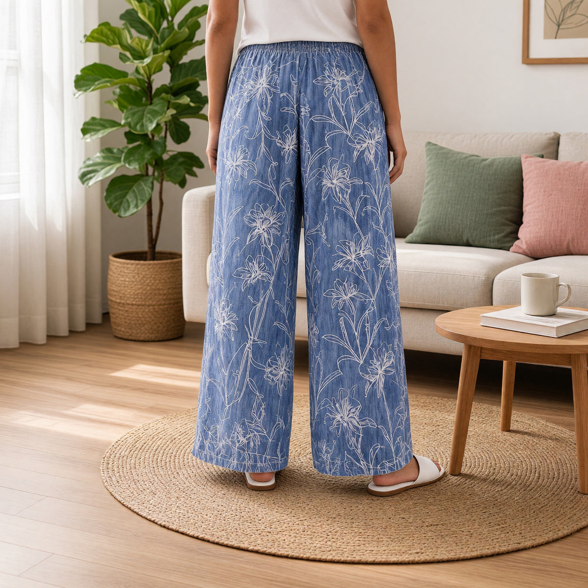 Slate Blue Botanical Wide-Leg Lounge Pants