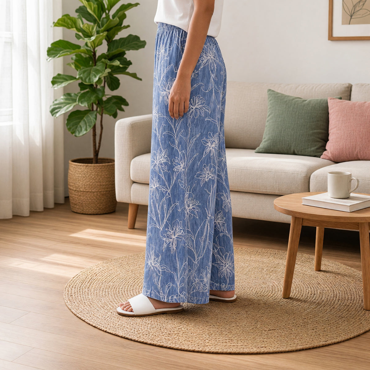 Slate Blue Botanical Wide-Leg Lounge Pants
