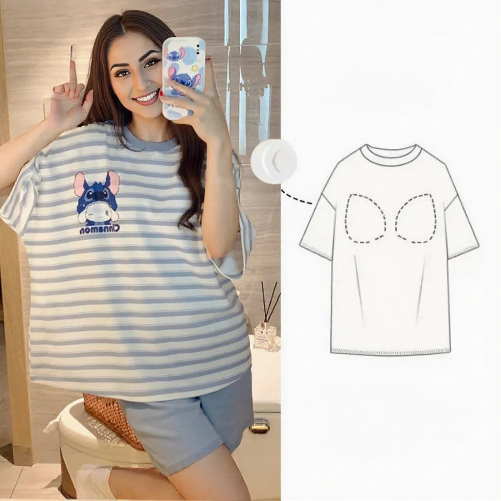 Striped Built - In Bra 2 - Piece Pajama Set with Cartoon Print - Zero Bra