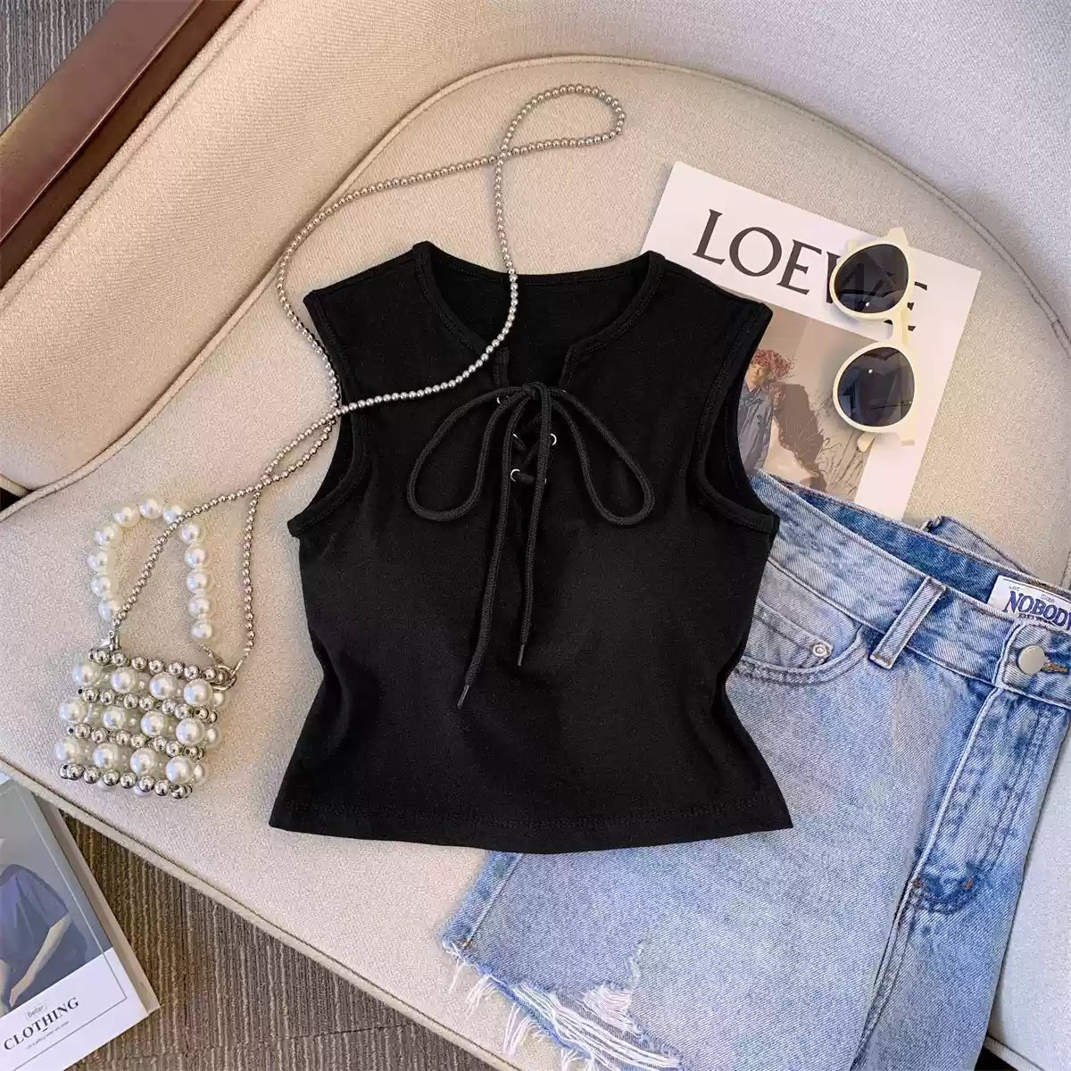 Tie - Front Sleeveless Crop Top with Built - in Bra β Effortless Chic - Zero Bra
