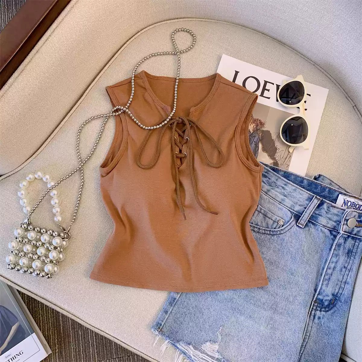 Tie - Front Sleeveless Crop Top with Built - in Bra β Effortless Chic - Zero Bra