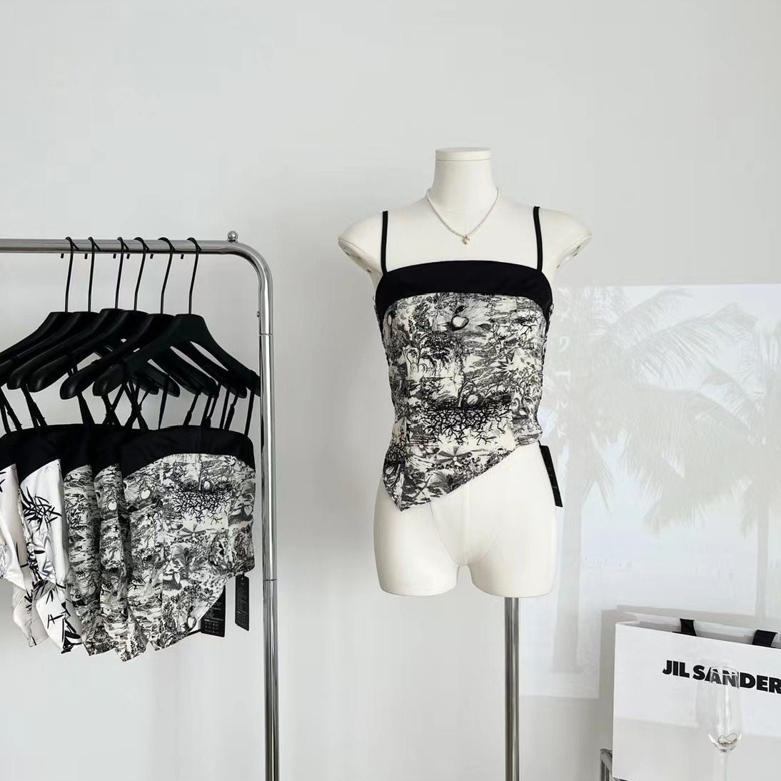 Vintage Chic Asymmetrical Built - In Bra Cami – Monochrome Elegance - Zero Bra