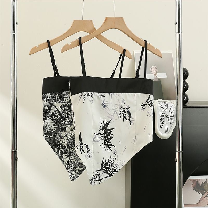 Vintage Chic Asymmetrical Built - In Bra Cami – Monochrome Elegance - Zero Bra