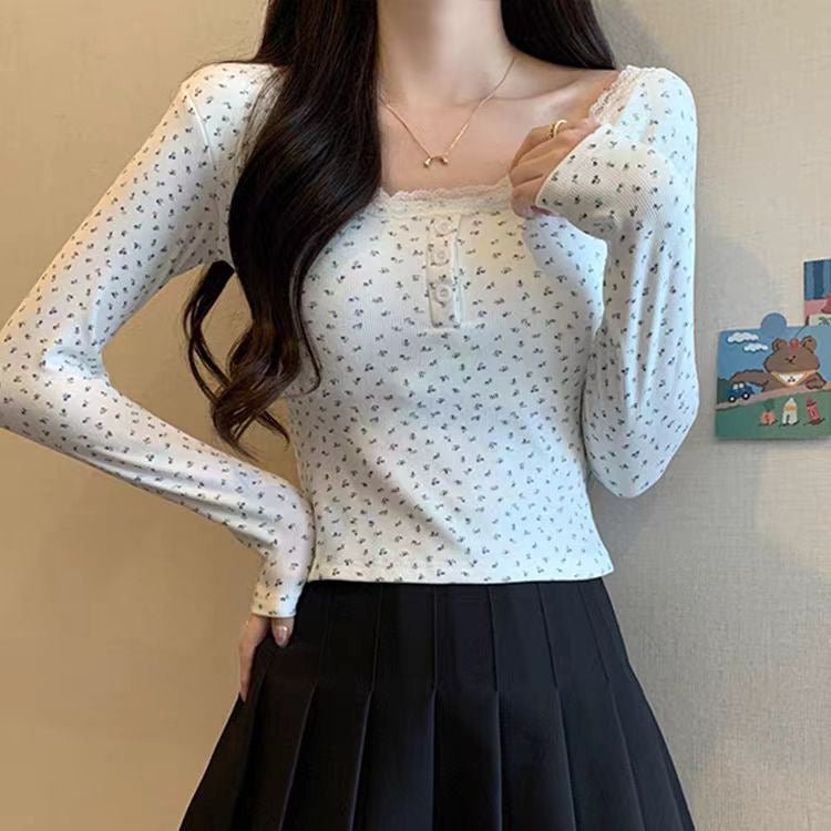 Vintage Floral Lace - Trim Long Sleeve Top – Sweet & Feminine - Zero Bra