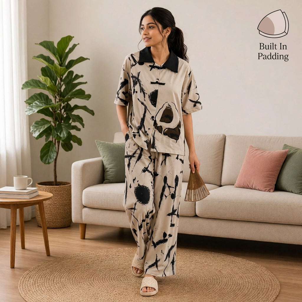 100% Cotton Ivory Ink Padded Night Suit