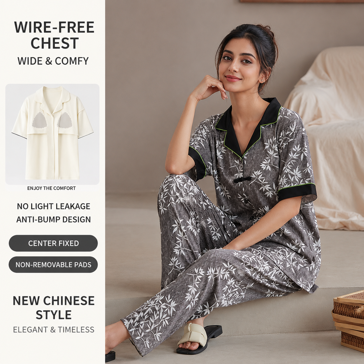 ZeroBra Bamboo Noir black pajama set with built-in bra support - comfortable Indian lounge wear for women
