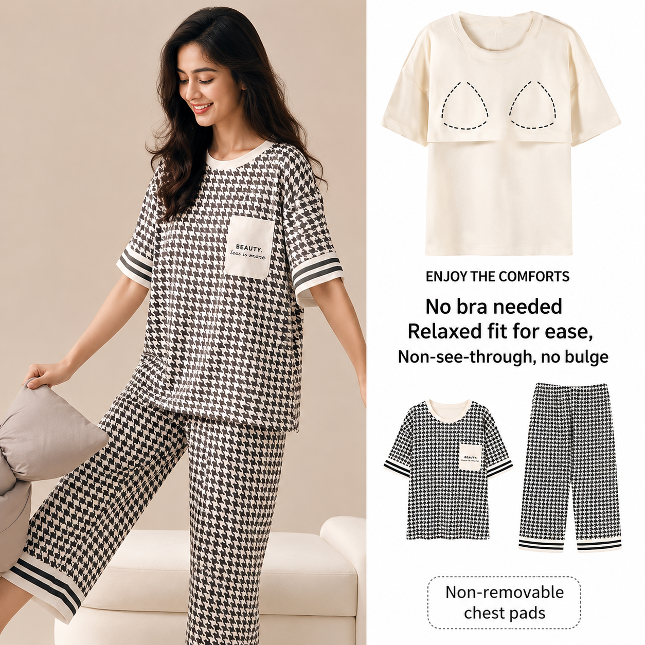 Black and white Monochrome Muse pajama set with built-in padded bra, comfortable Indian loungewear by ZeroBra