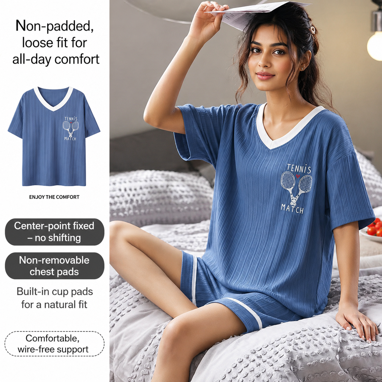 ZeroBra Courtside Comfort Lounge Set in soft fabric with built-in padded bra, comfortable Indian pajama style