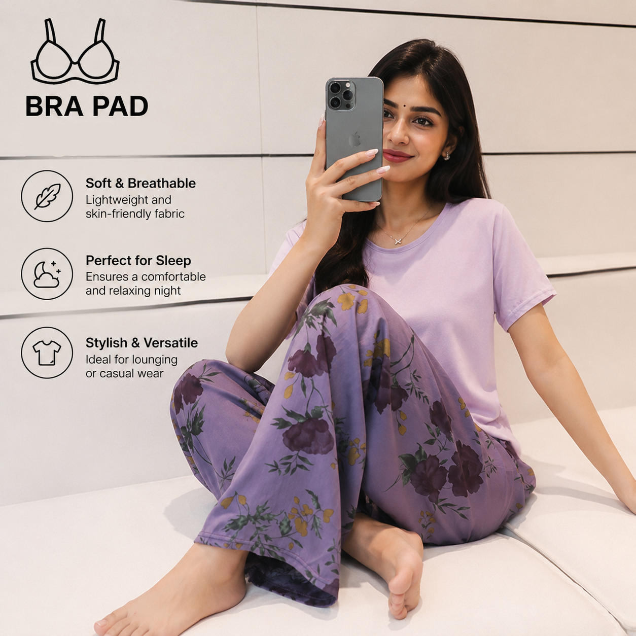 Lavender Bloom Lounge Set in soft purple - comfortable padded nightwear pajamas by ZeroBra Indian lingerie
