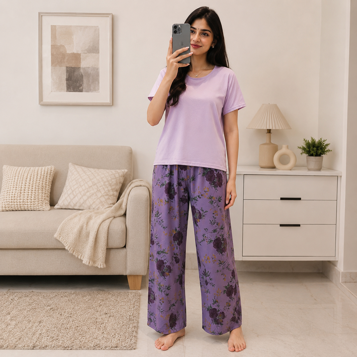 Lavender Bloom Lounge Set in soft purple with built-in padded bra, comfortable Indian nightwear by ZeroBra