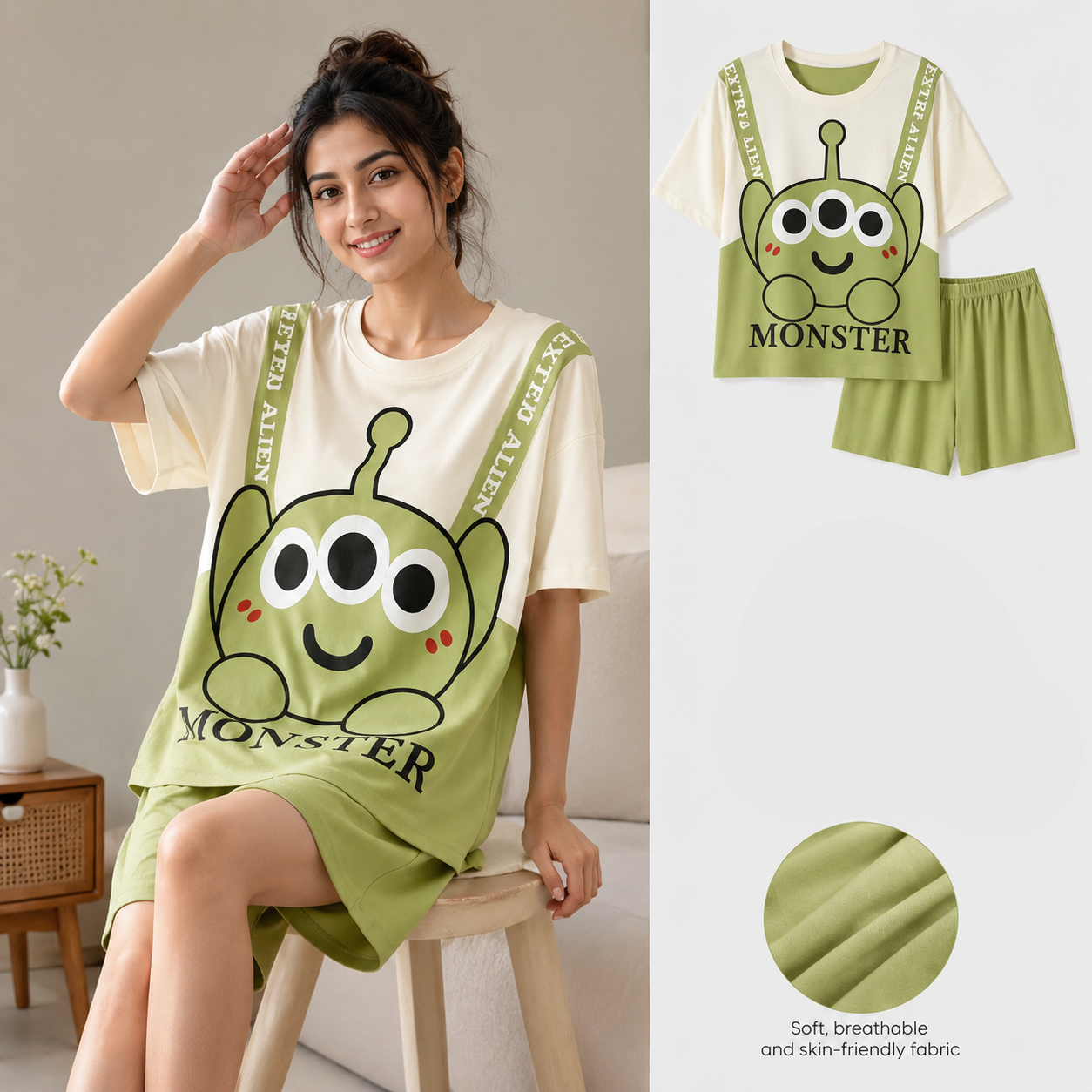 ZeroBra Alien Graphic Lounge Set – comfortable Indian women's co-ord in playful printed style