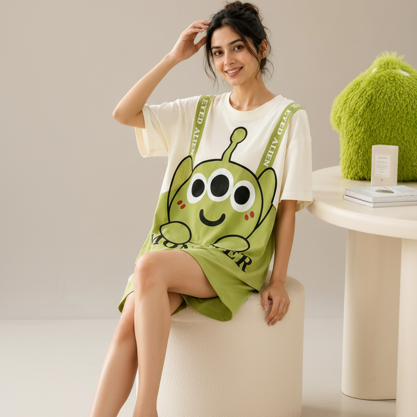 ZeroBra Alien Graphic Lounge Set – comfortable Indian women's coordinated top and pants with fun alien print