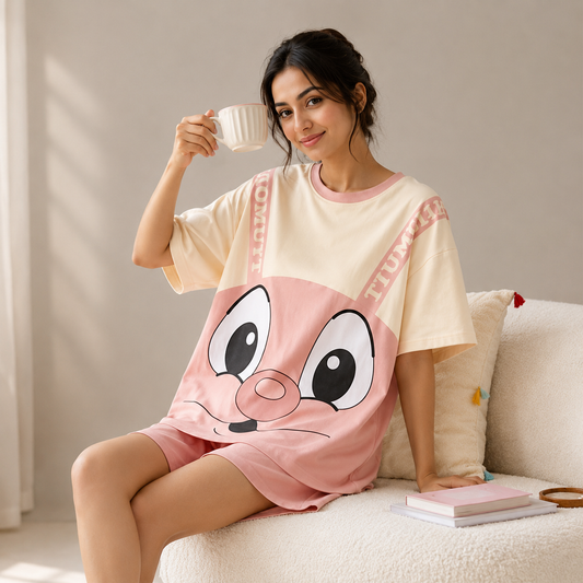 ZeroBra Donut Bunny PJ Set — cozy pastel Indian nightwear with playful donut and bunny prints
