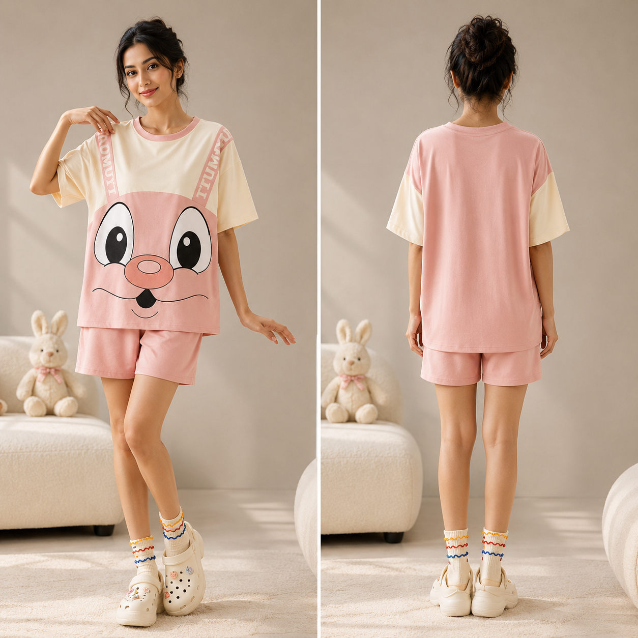 ZeroBra Donut Bunny PJ Set – comfortable pastel Indian nightwear with playful donut and bunny print