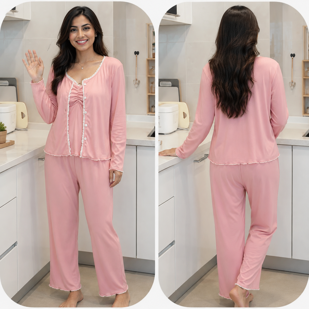 ZeroBra Strawberry Milk padded PJ set in soft pink, comfortable 3-piece Indian women's nightwear