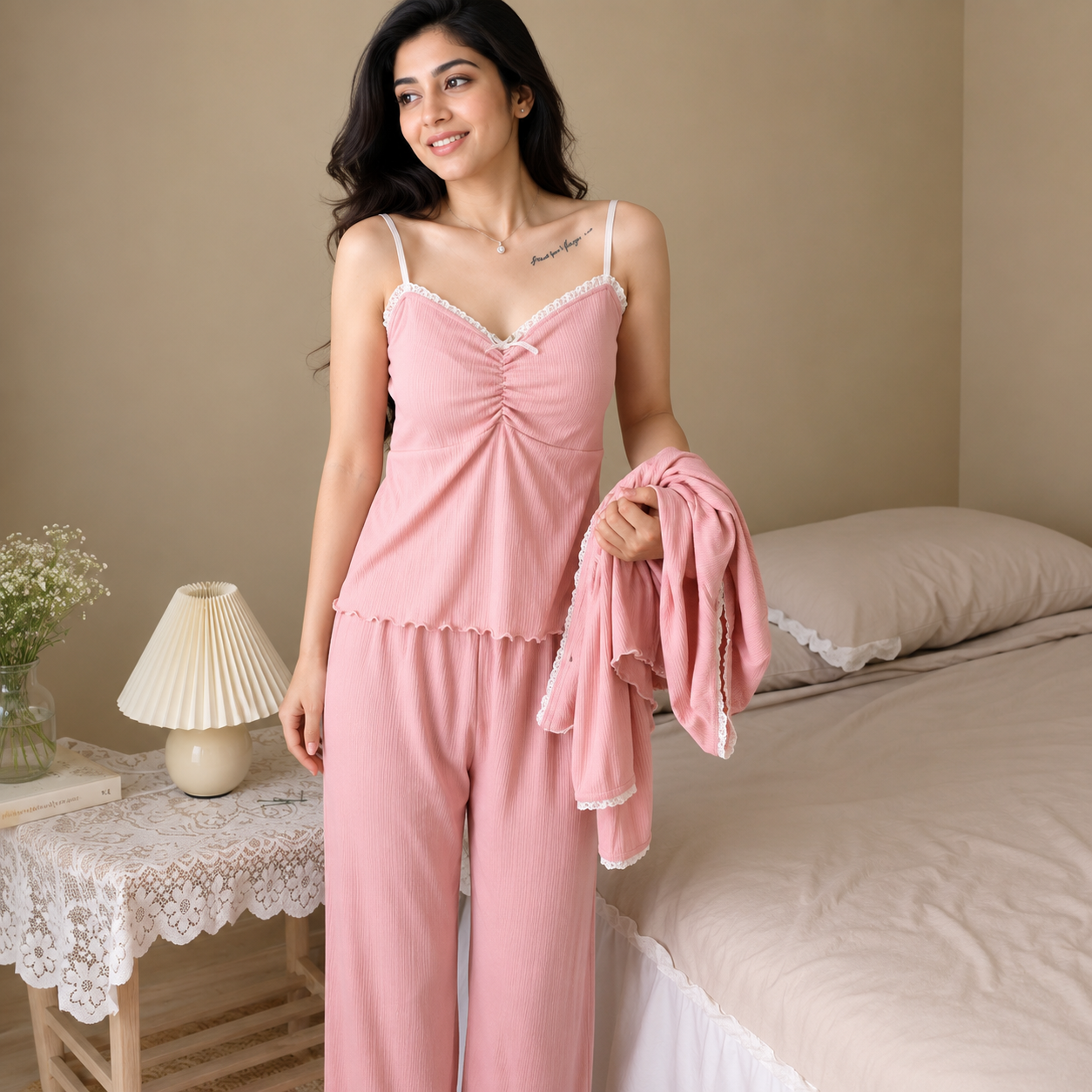 ZeroBra Strawberry Milk 3-Piece Padded PJ Set in soft pink, comfortable Indian women's pajamas