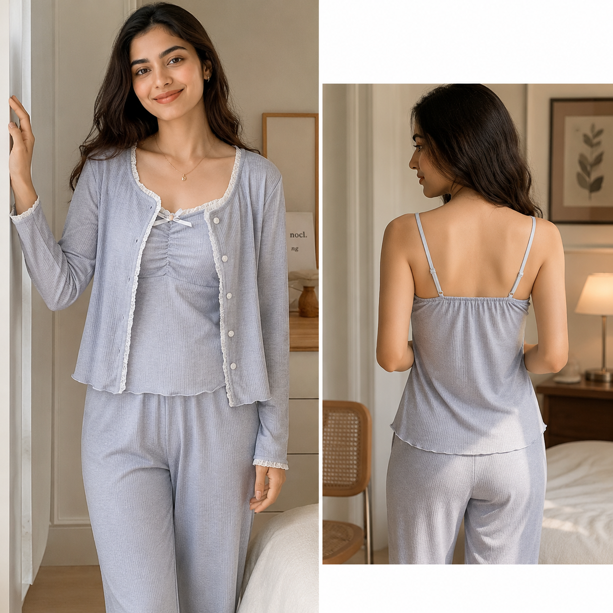 ZeroBra Blueberry Dream 3-Piece Padded PJ Set in soft blueberry blue, comfortable Indian nightwear