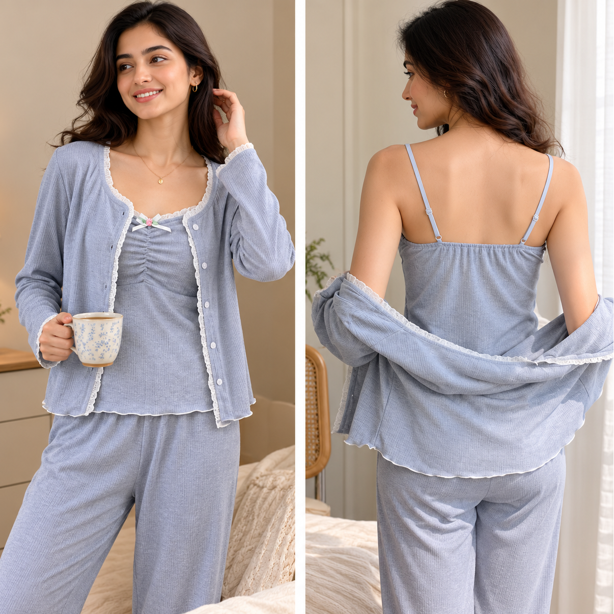 ZeroBra Blueberry Dream 3-Piece Padded PJ Set in soft blueberry tones, comfortable Indian nightwear
