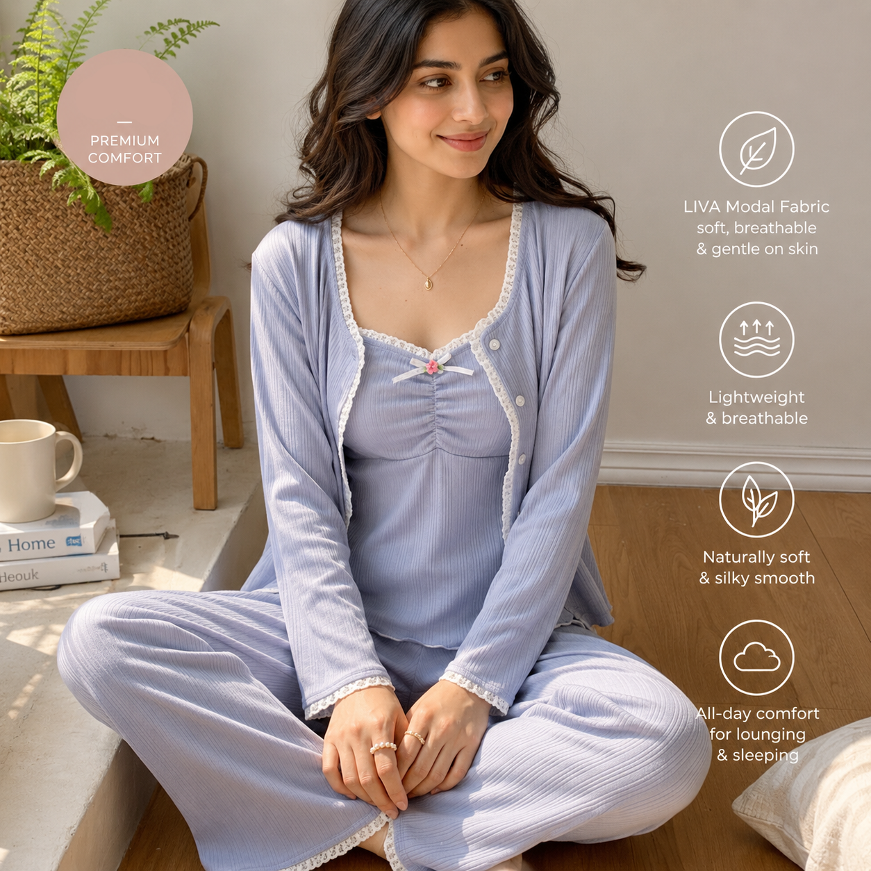 ZeroBra Blueberry Dream 3-Piece Padded PJ Set in soft blue, comfortable Indian women's nightwear