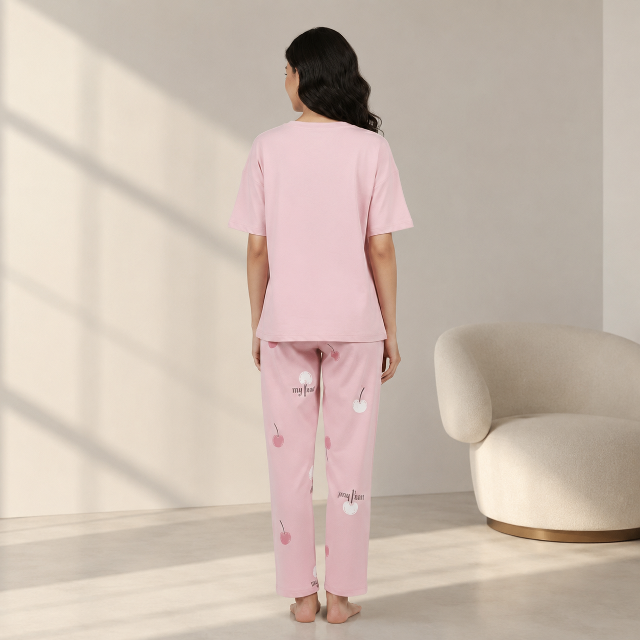 ZeroBra Cherry Whisper Padded PJ Set in cherry red — comfortable Indian women's pajama top with built-in bra