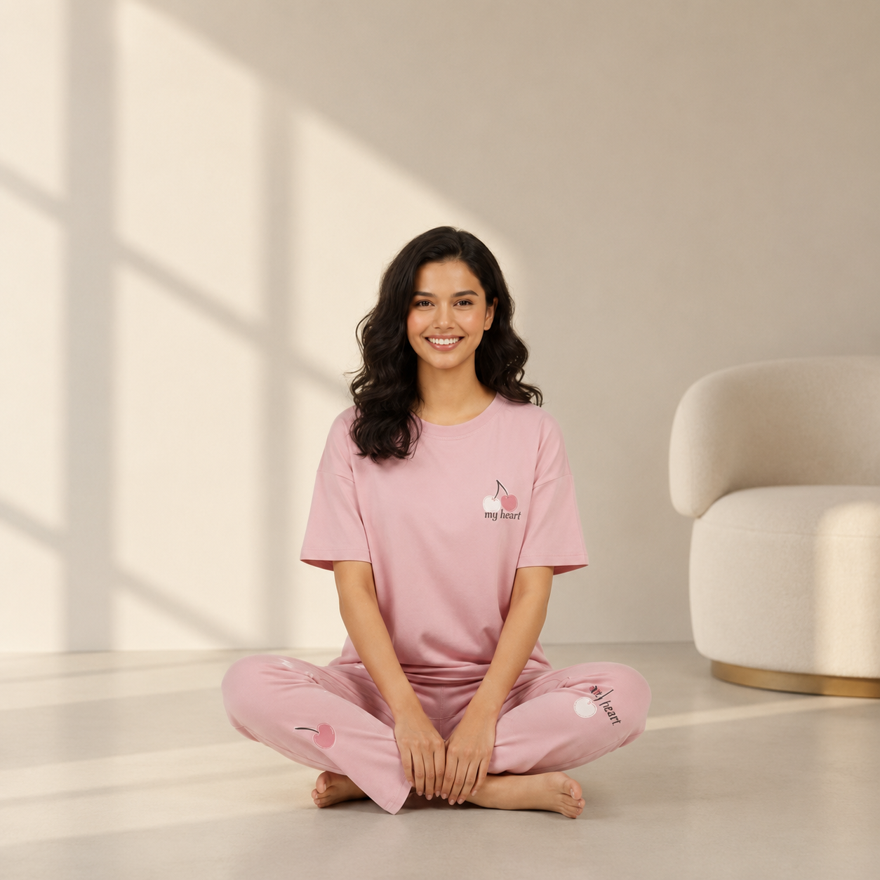 ZeroBra Cherry Whisper Padded PJ Set — soft cherry-toned comfortable Indian women's pajama set