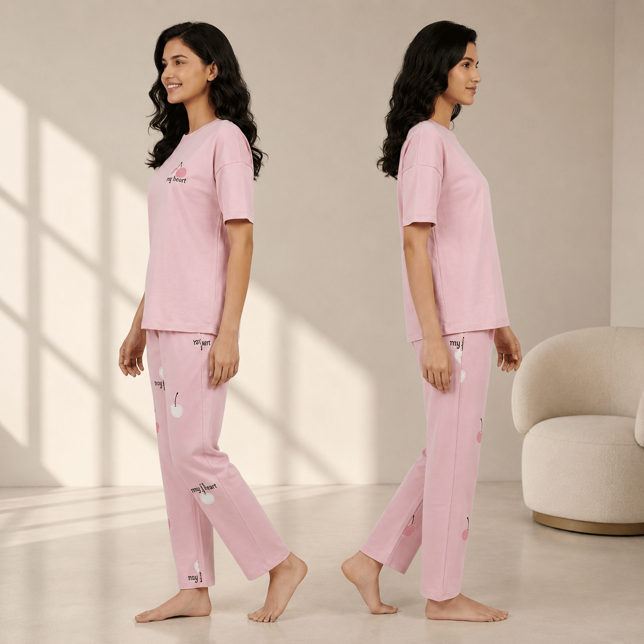 ZeroBra Cherry Whisper Padded PJ Set in soft cherry red, comfortable Indian women's pajama set
