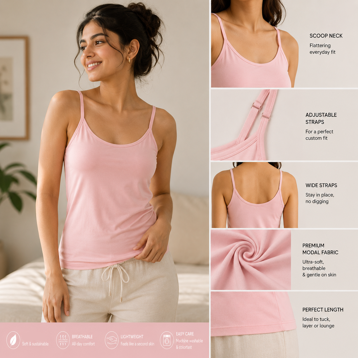 ZeroBra SoftLayer Built-In Bra Cami in soft neutral tone, comfortable fitted gymwear top for Indian women