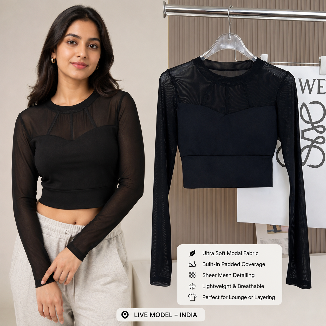 ZeroBra mesh long-sleeve crop top with built-in bra in breathable fabric, ideal for comfortable Indian gymwear
