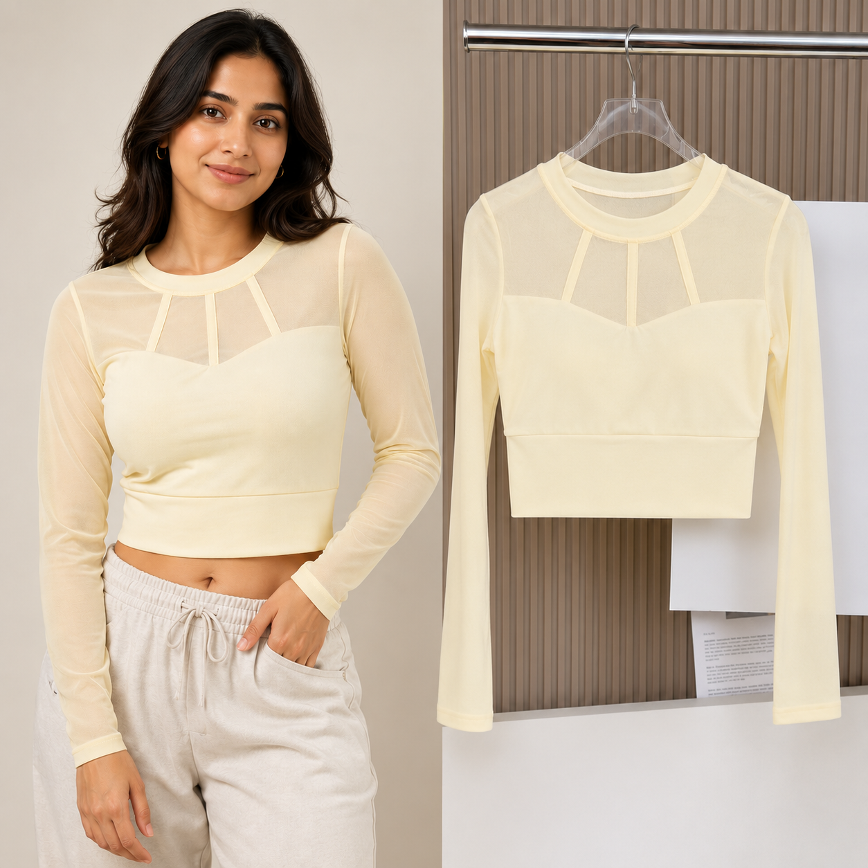 ZeroBra mesh long-sleeve built-in bra crop top in breathable fabric, perfect comfortable Indian gymwear