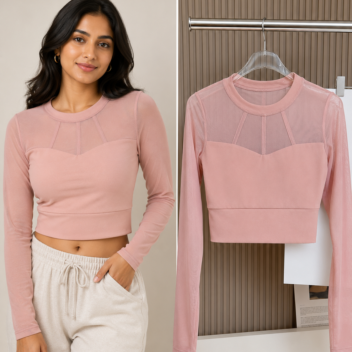 ZeroBra mesh long-sleeve built-in bra crop top in breathable fabric, perfect comfortable Indian gymwear