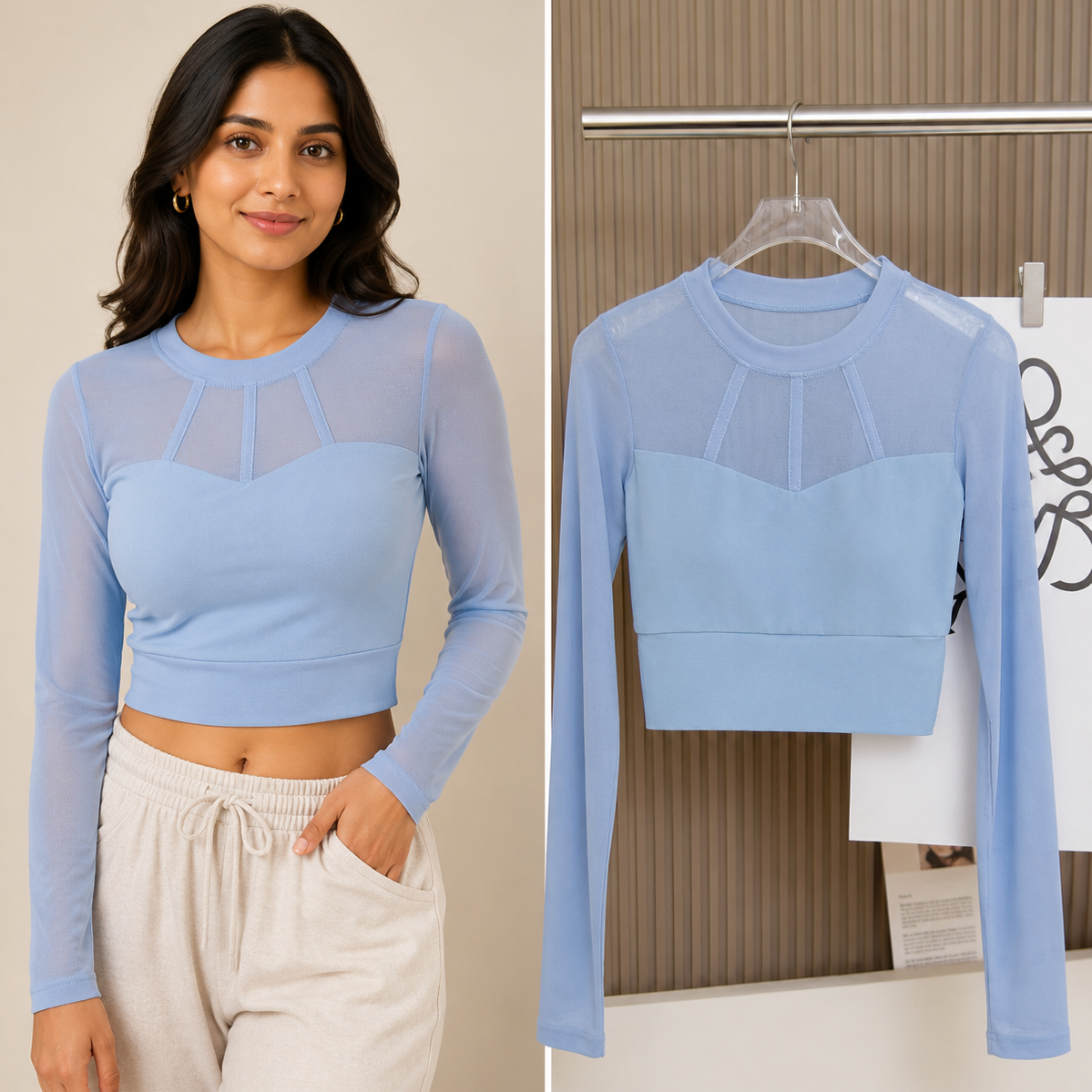 ZeroBra mesh long-sleeve built-in bra crop top in breathable fabric, perfect comfortable Indian gymwear